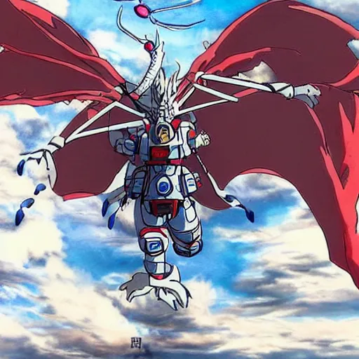 Image similar to haku dragon from spirited away with a full gundam suit flying above tokyo