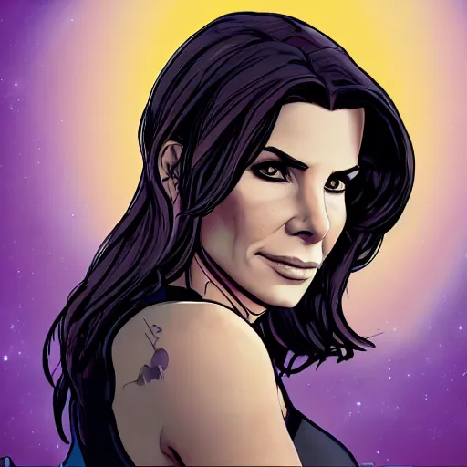 Image similar to sandra bullock portrait, borderlands, tales from the borderlands, the wolf among us, comic, cinematic lighting, studio quality, 8 k