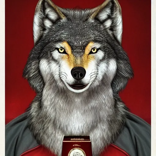 Prompt: award-winning. hyper-realistic. Anthropomorphic wolf in ceremonial robes. Portrait.