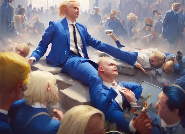 Prompt: a blond man in a blue suit wounded surrounded by a crowd, organic painting, sunny day, matte painting, bold shapes, hard edges, street art, trending on artstation, by huang guangjian, gil elvgren, ruan jia, randy vargas, greg rutkowski