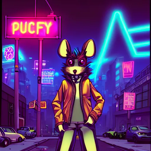 Prompt: beautiful furry digital art portrait commission of an androgynous furry anthro rat fursona wearing punk clothes in the streets of a cyberpunk city. neon signs. character design by charlie bowater, ross tran, artgerm, and makoto shinkai, detailed, inked