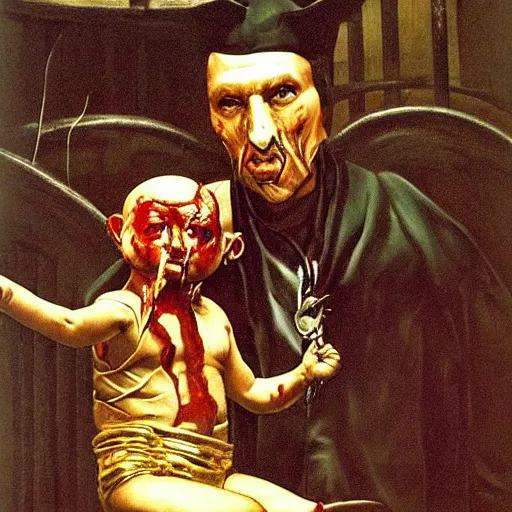 Image similar to hyperrealism oil painting of a handsome man, strong jaw, symmetrical, sitting in a gilded throne, tubes coming out of the man's arm, getting a blood transfusion from a baby. plague doctor in the background. in the style of brutalism mixed with retro japanese book art