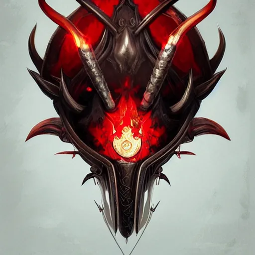 Prompt: An ornate front facing helm with large horns, Black steel with red trim, engulfed in blood red flames, intricate, elegant, highly detailed, digital painting, artstation, concept art, smooth, sharp focus, illustration, art by anato Finnstark and Peter mohrbacher,