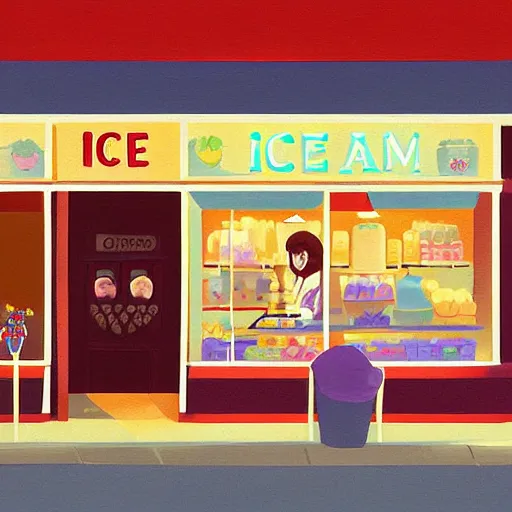 Prompt: ice cream shop storefront, king charles spaniel, digital painting by makoto shinkai