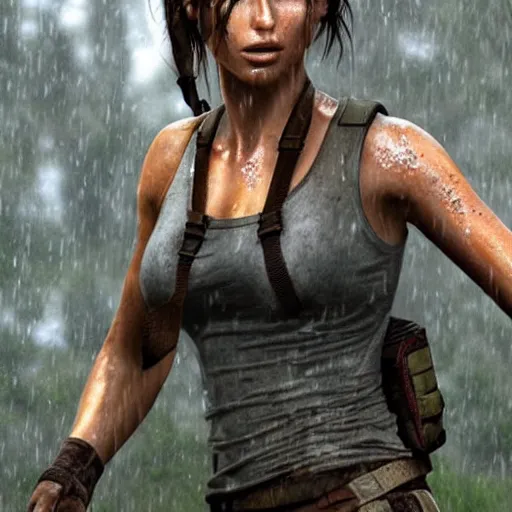 Prompt: lara croft in the rain, soaking wet, photo