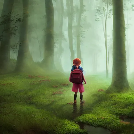 Image similar to a red - haired explorer girl kid with a backpack and a map, in the deep tangled, mossy, misty forest, lit by sunbeams, by loish, unreal 5,