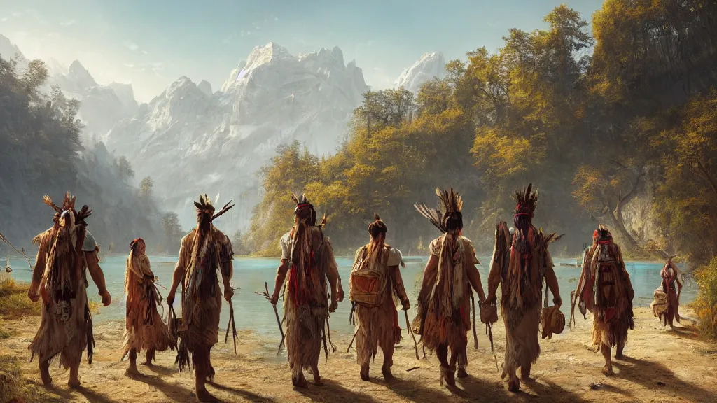 Image similar to highly detailed image of a group of indigenous travelers, walking in a line, traditional clothing, unreal engine, fantasy art by greg rutkowski, mountains, lake, hunter, by greg rutkowski, cgsociety, ferdinand knab, rossdraws, tom bagshaw, global illumination, radiant light, detailed and intricate environment