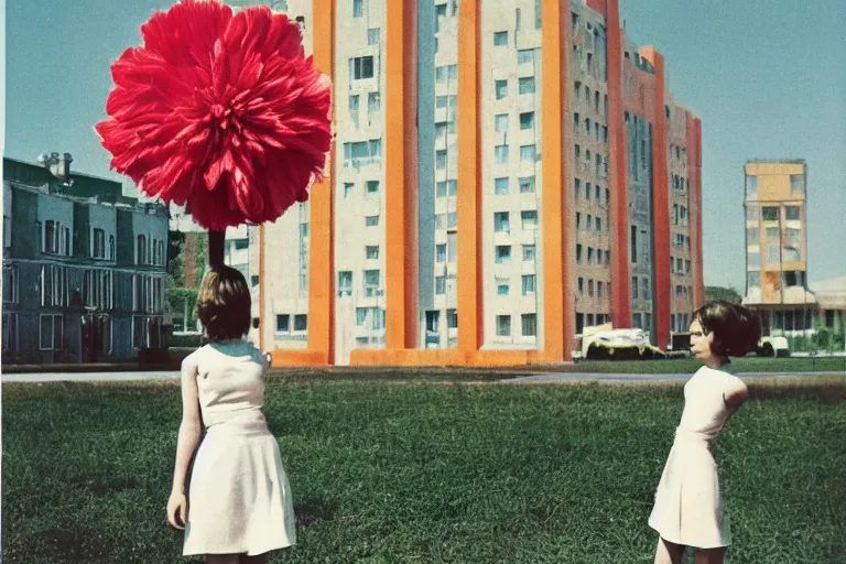 Image similar to giant flower head, girl standing, 1 9 6 0 s architecture, surreal photography, frontal, symmetry, mid century, liminal space, bright colours, wes anderson