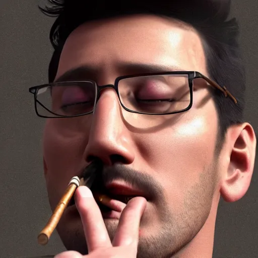 Image similar to a closeup photo of handsome gigachad markiplier smoking a cigar, 8k photorealism, extremly detailed, trending on artstation