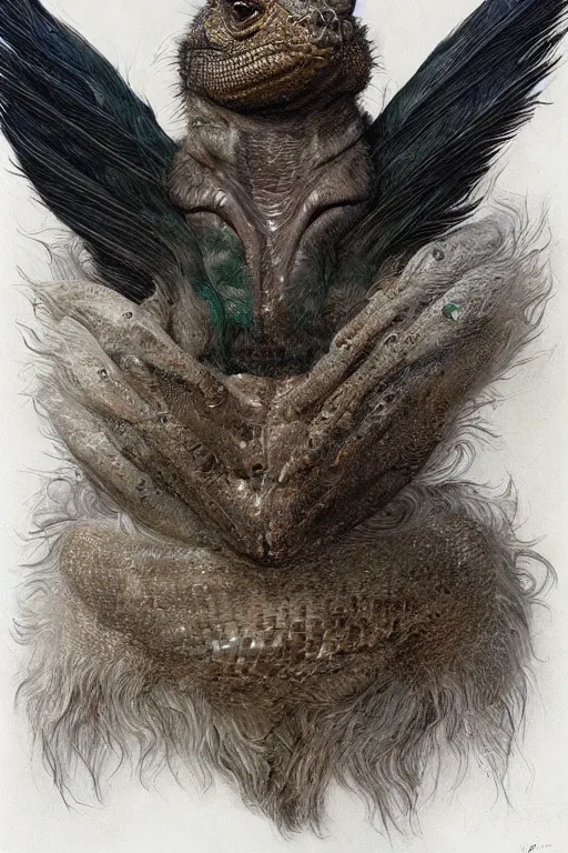 Image similar to art by john howe of a dog - sized humanoid with the feathers of a magpie, head of a horse, front claws of a gecko, arms of a monitor lizard and the face of a chinchilla.