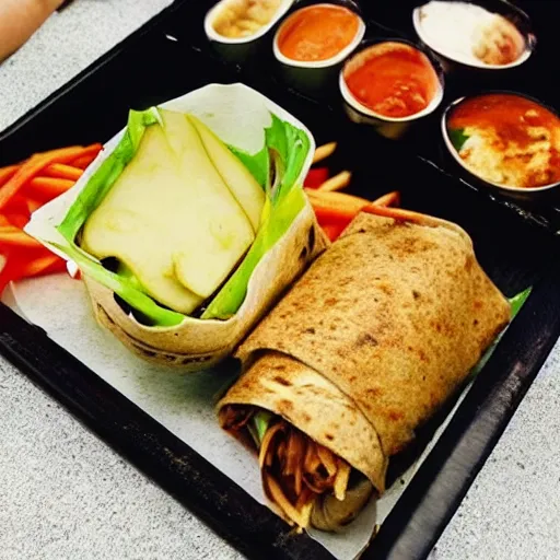 Prompt: a saucy [ chicken wrap ]! served in a tray of a [ fast food ], instagram food, hyperdetailed