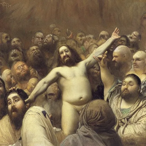 Image similar to morbidly obese jesus floating above a crowd of onlookers, by ilya repin