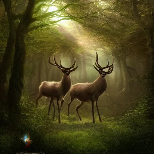 Prompt: hyper realistic beautiful fantasy elven celestial stag, in a magical and beautiful highly detailed forest background. sunlight rays throught the trees. concept digital art 8 k rendering.