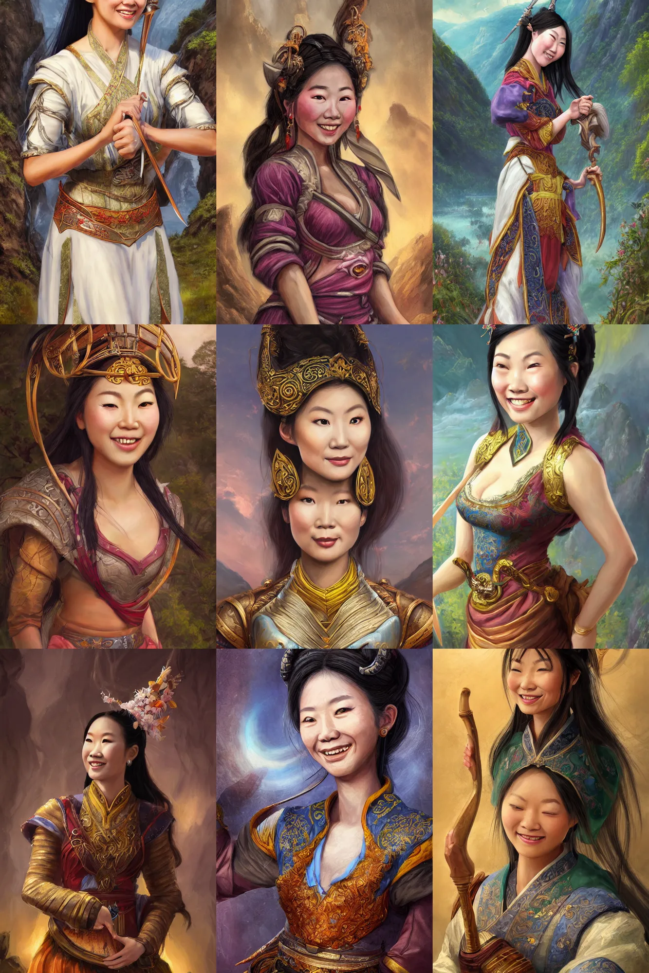 Prompt: a full body high detail fantasy portrait oil painting illustration of a single beautiful smiling bard asian woman by justin sweet with face and body clearly visible, in a scenic background, pretty eyes, realistic proportions, d & d, rpg, forgotten realms, artstation trending, high quality, sombre mood, artstation trending, muted colours, entire person visible!