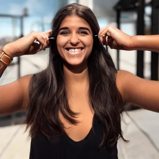 Prompt: olivia lopes from the h3 podcast posing to take a picture with her mouth tilted, high quality, photography