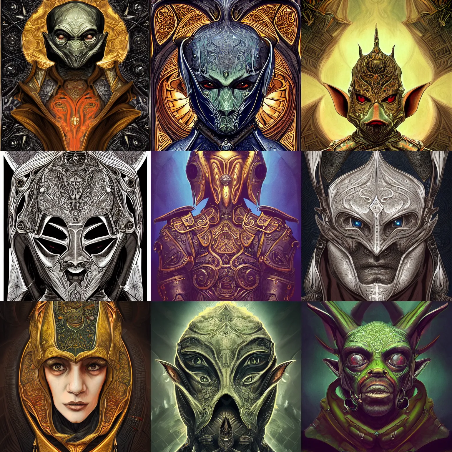 Prompt: head-on symmetrical centered painted portrait, goblin imp assassin, black leather armour, art nouveau, tarot card style, complex fractal tarot card background, fantasy, intricate, elegant, highly detailed, smooth, sharp focus, illustration, artstation, in the style of Artgerm and Anna Podedworna and Alex Ross and Mucha