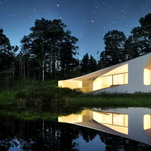 Image similar to atmospheric cozy futuristic organic white concrete house in the middle of a lush and dense forest at night, a beautiful lake next to it, night time, night sky, starry night sky