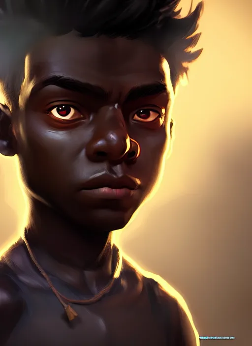 Image similar to An epic fantasy comic book style portrait painting of a small dark skinned boy thief, unreal 5, DAZ, hyperrealistic, octane render, cosplay, RPG portrait, dynamic lighting