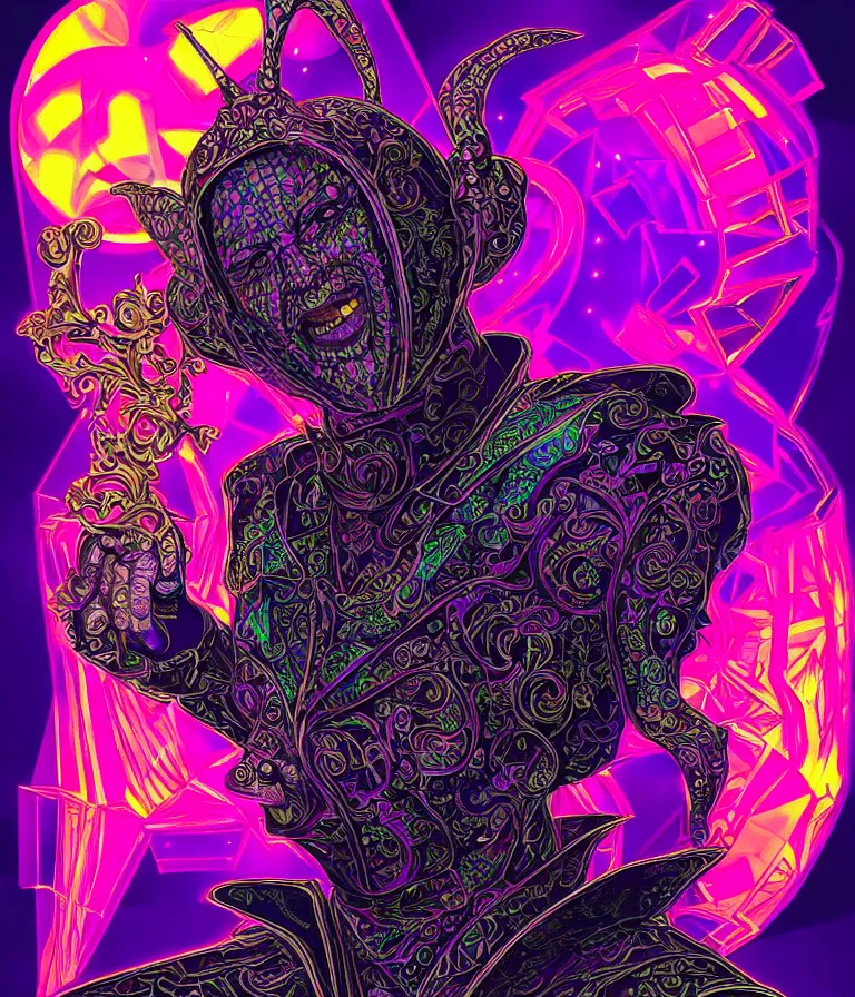 Image similar to front!!! shot of a court jester!!! character, hyperdimensional, bioluminescent hypercubes, dark holography!!!, sunset psychedelic, chrome, (((intricate))), elegant, highly detailed, centered, (((artstation, concept art, smooth, sharp focus, artgerm, Tomasz Alen Kopera, Peter Mohrbacher, donato giancola, Joseph Christian Leyendecker, WLOP, Boris Vallejo))), mugshot!!!!!, ugly!!!!!!, octane render, nvidia raytracing demo, octane render, nvidia raytracing demo, octane render, nvidia raytracing demo, grainy, muted, 8K, digitalblasphemy, metatron