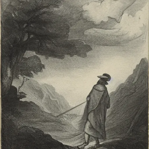 Image similar to a man in a grey cloak and brimmed hat with a staff travelling trough the forest and mountains looking at the clouds in the style of neo-romanticism