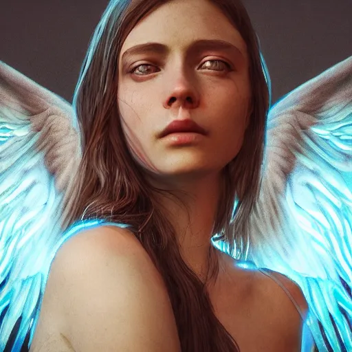 Image similar to portrait art of female angel, art by alessio albi 8 k ultra realistic, angel wings, lens flare, atmosphere, glow, detailed, intricate, full of colour, led lighting, trending on artstation, 4 k, hyperrealistic, focused, extreme details, unreal engine 5, masterpiece