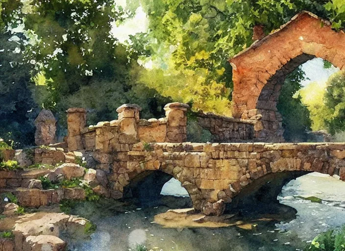 Image similar to watercolor of rustic stone bridge with mural, ivy, summer daylight, bright clear day, clouds, high detailed art by dennis miller bunker, work by anders zorn, wonderful masterpiece by greg rutkowski, beautiful cinematic light, american romanticism by greg manchess, creation by tyler edlin