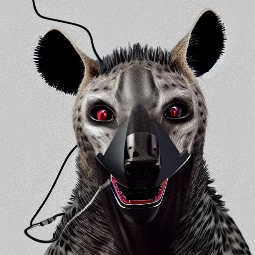 Image similar to pet robot hyena, cyborg with exposed wires and metal, lights, camera lenses for eyes, realistic high quality concept art