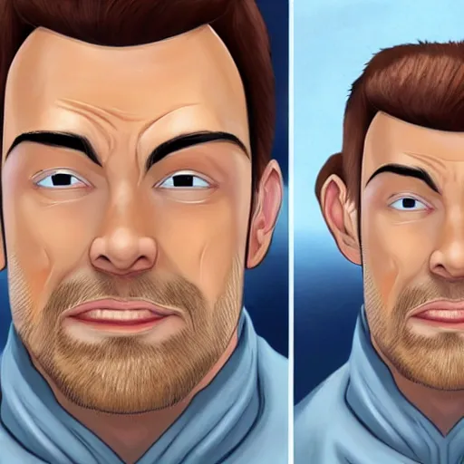 Prompt: Dr. Venture in real life with a reddish-brown chin strap goatee and a hooked nose, long gaunt face, skinny body and neck, very thin and bald, realistic, very realistic, hyperrealistic, highly detailed, very detailed, extremely detailed, detailed, digital art, oil painting, trending on artstation, headshot and bodyshot, detailed face, very detailed face, extremely detailed face, HD Quality, 8k resolution