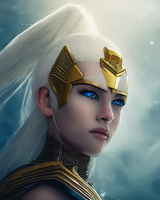 Image similar to girl exploring a pyramid, egyptian cyborg armor, white hair, atmosphere, gold, detailed, intricate, beautiful face, cinematic lighting, trending on artstation, blue eyes, 4 k, focused, extreme details, cinematic, masterpiece, by akihito tsukushi