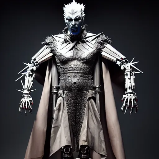 Prompt: avantgarde studio light mr sinister by rembrandt, prometheus movie still frame of bionic mr sinister, mcu nathaniel essex mr sinister by caravaggio, 3 d biocybernetic character sculpture by beksinski, editorial dress by alexander mcqueen and guo pei