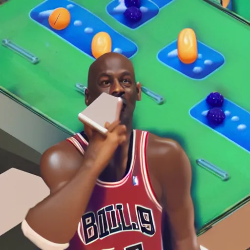 Prompt: Michael Jordan playing candy crush on his phone during the nba finals, matte painting, concept art, cgsociety, octane render, trending on artstation, artstationHD, artstationHQ, unreal engine, 4k, 8k