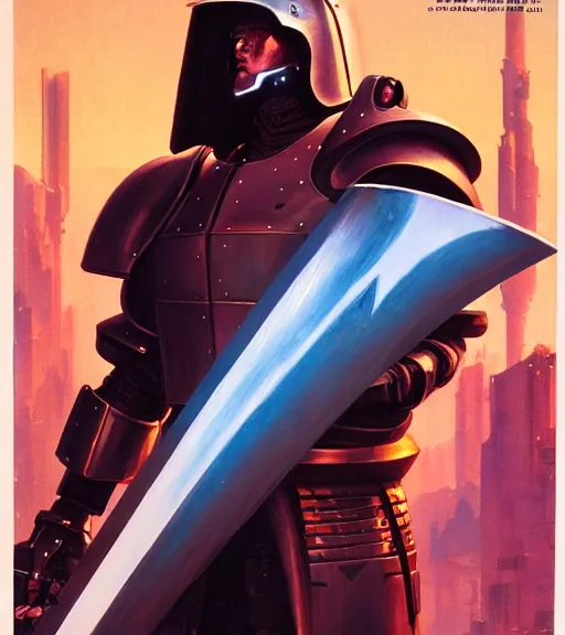 Prompt: a large cyberpunk paladin in rounded heavy plate armor wearing a crusaders helmet he is holding a large long sword in a cyberpunk setting, 1 9 7 9 omni magazine cover, style by vincent di fate, artgerm, cyberpunk 2 0 7 7, very coherent, detailed, 4 k resolution, unreal engine, daz