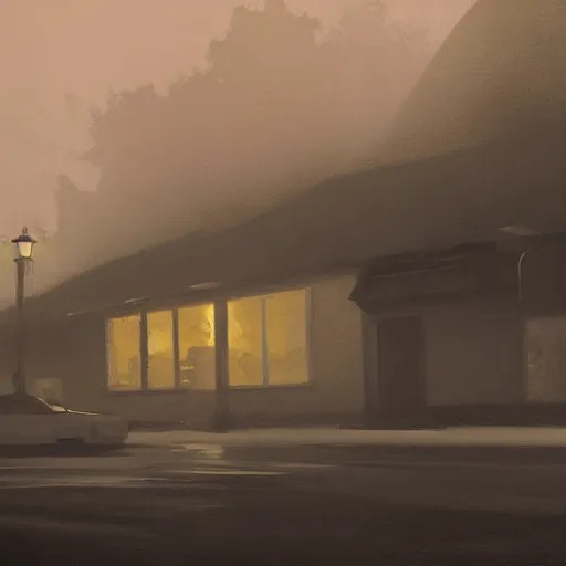 Prompt: a shady two story motel, fog, by craig mullins and raphael lacoste, cinematic and dramatic lighting