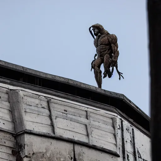 Prompt: The predator perched on top of a building