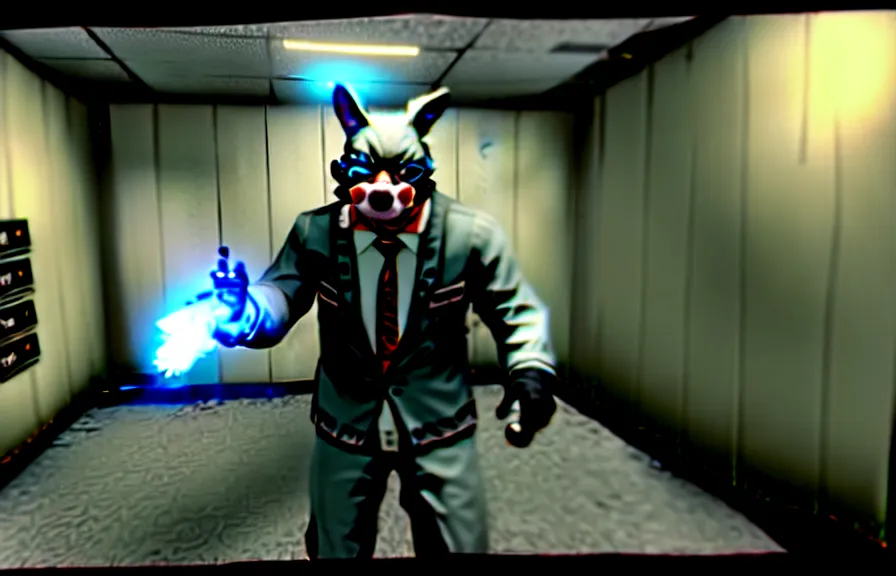 Image similar to screenshot from the pc game payday 2 demonstrating the fursuit unlock