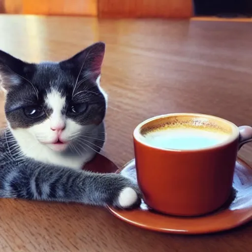 Prompt: cat is drinking cup of coffee