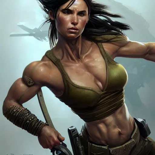 Prompt: detailed portrait of lara croft as a female bodybuilder military officer, fantasy, intricate, elegant, highly detailed, digital painting, artstation, concept art, matte, sharp focus, illustration, art by aenaluck and roberto ferri and greg rutkowski, epic fantasy, digital painting