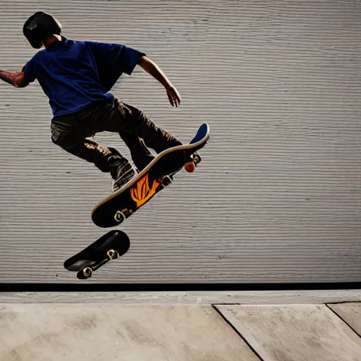 Image similar to professional photo of a skateboarder performing a grab trick, focused on brightly colored deck, thrasher magazine, 8 k, bokeh, bright ambient lighting key light, 8 5 mm f 1. 8