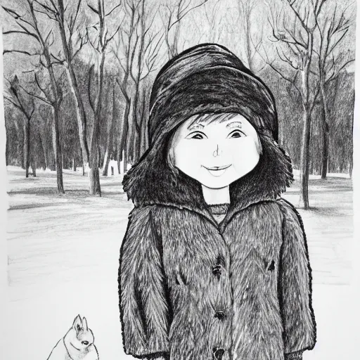 Prompt: a black and white ink drawing of a freckled ten year old girl named lucy in winter fur park and and a fur hat, ( ( ( ( smiling ) ) ) ), ( ( ( ( ( ( ( ( waving ) ) ) ) ) ) ) )