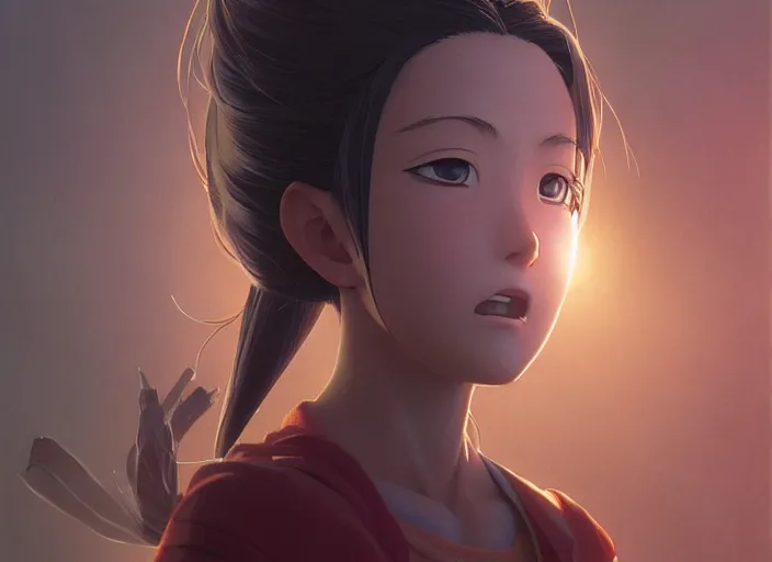 Image similar to a 3 d film animation still portrait of a 2 0 0 0's manga heroine, finely detailed features, sun light, painted by greg rutkowski, akira toriyama studio ghibli