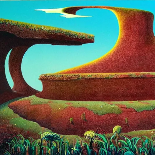 Image similar to a cylindrical pit in the ground, painting by Roger Dean