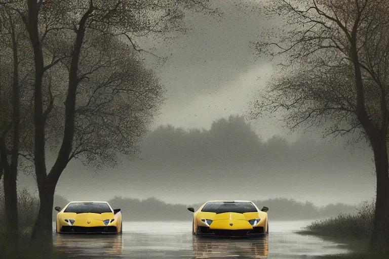 Prompt: a landscape photograph of a lamborghini aventador driving through a vast serene landscape on a rainy day, river, trees, beautiful lighting, by lee madgwick