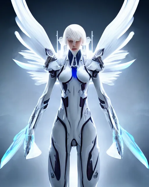 Image similar to perfect white haired alien being with huge white dove wings, warframe armor, beautiful, symmetric, dreamy, half asian, pretty face, blue eyes, detailed, scifi platform, laboratory, experiment, 4 k, ultra realistic, epic lighting, android body, illuminated, cinematic, masterpiece, art by akihito tsukushi, akihiko yoshida, voidstar