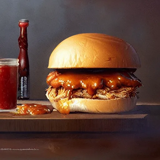 Prompt: a tender chicken sandwich covered in barbecue sauce, Greg Rutkowski