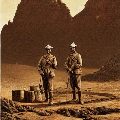 Image similar to ultra detailed photorealistic sepia - toned painting from 1 9 1 7, three british soldiers standing at an archaeological dig site in wadi rum, ultra realistic, painted, intricate details, epic, lovecraft, atmospheric, dark, horror, brooding, highly detailed, by dave dorman