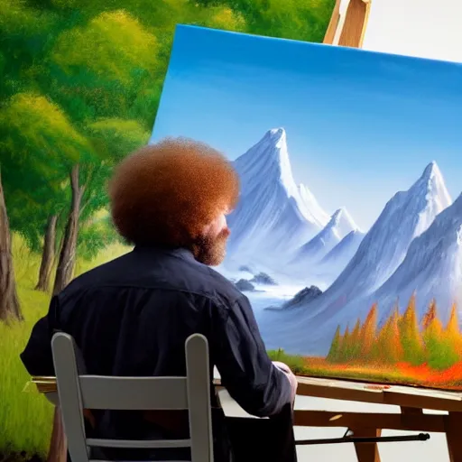 Image similar to a closeup photorealistic photograph of bob ross working on a canvas painting of darth vader. film still. brightly lit scene. mountains and trees. this 4 k hd image is trending on artstation, featured on behance, well - rendered, extra crisp, features intricate detail, epic composition and the style of unreal engine.