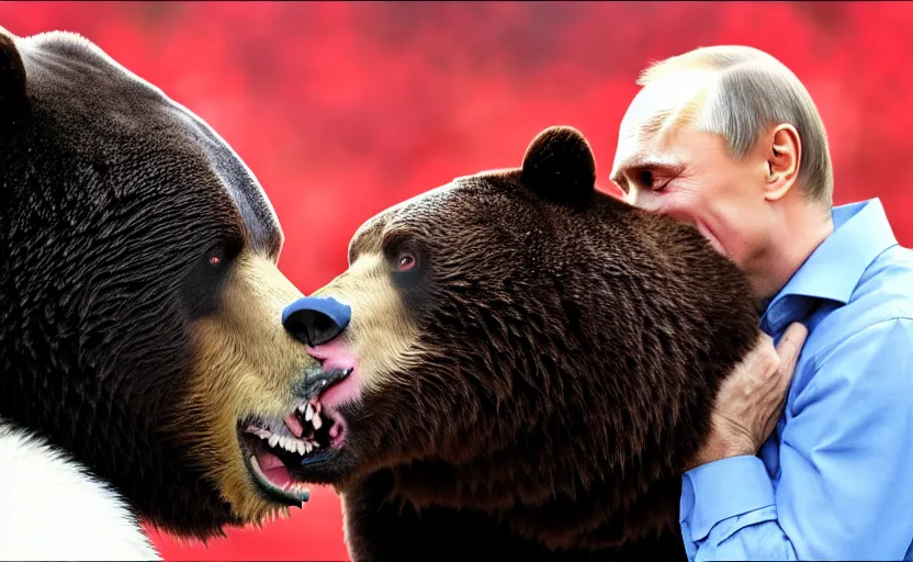 Prompt: vladimir putin kisses a bear, french kiss, lovely kiss, kiss mouth to mouth, romantic, emotional, love scene, insane details, clear face and eyes, textured, 8 k, professional photography, animal world, discovery channel