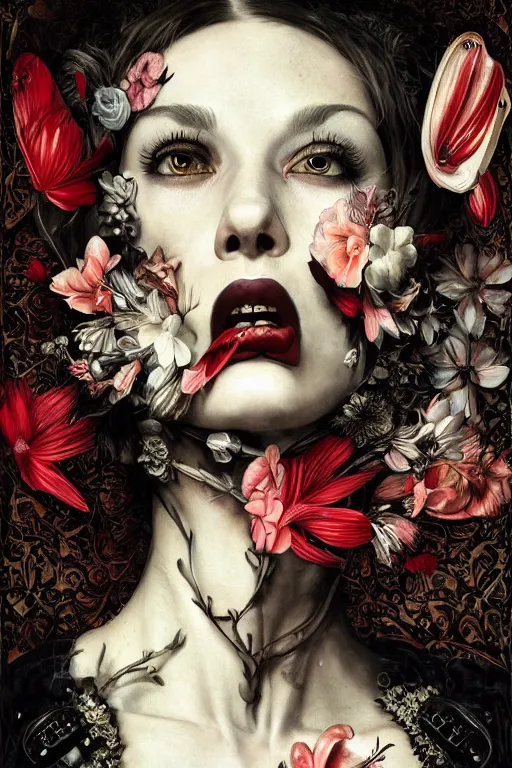 Image similar to Detailed maximalist portrait a with large lips and with large white eyes, angry expression, fleshy botanical, HD mixed media collage, highly detailed and intricate, illustration in the style of Caravaggio and Ryohei Hase, dark art, baroque