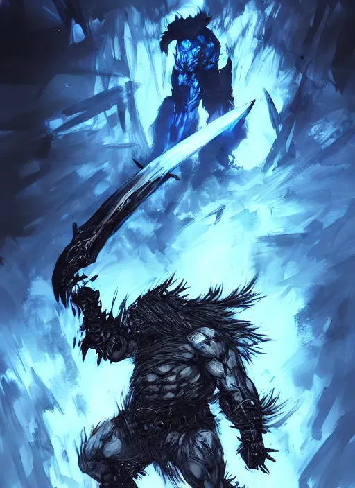 Image similar to Full body portrait of giant old gnoll warrior with a giant black blade, emanating with blue aura. In style of Yoji Shinkawa and Hyung-tae Kim, trending on ArtStation, dark fantasy, great composition, concept art, highly detailed, dynamic pose.