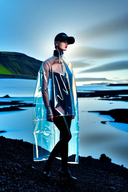 Image similar to an ultra high definition professional high fashion portrait studio full length photograph of a model wearing a transparent pearlescent raincoat and neon visor in an icelandic black rock environment at dawn. no artefacts. extremely detailed. stark. refraction. shallow depth of field. volumetric light and shadow. ray tracing. light rays.